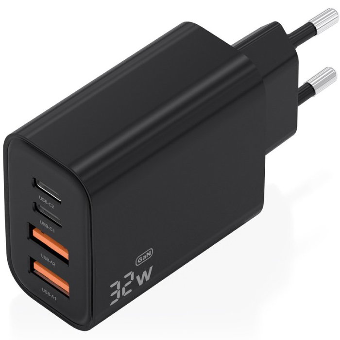Aisens Cargador GaN 32W con 2xUSB-C y 2xUSB-A Negro